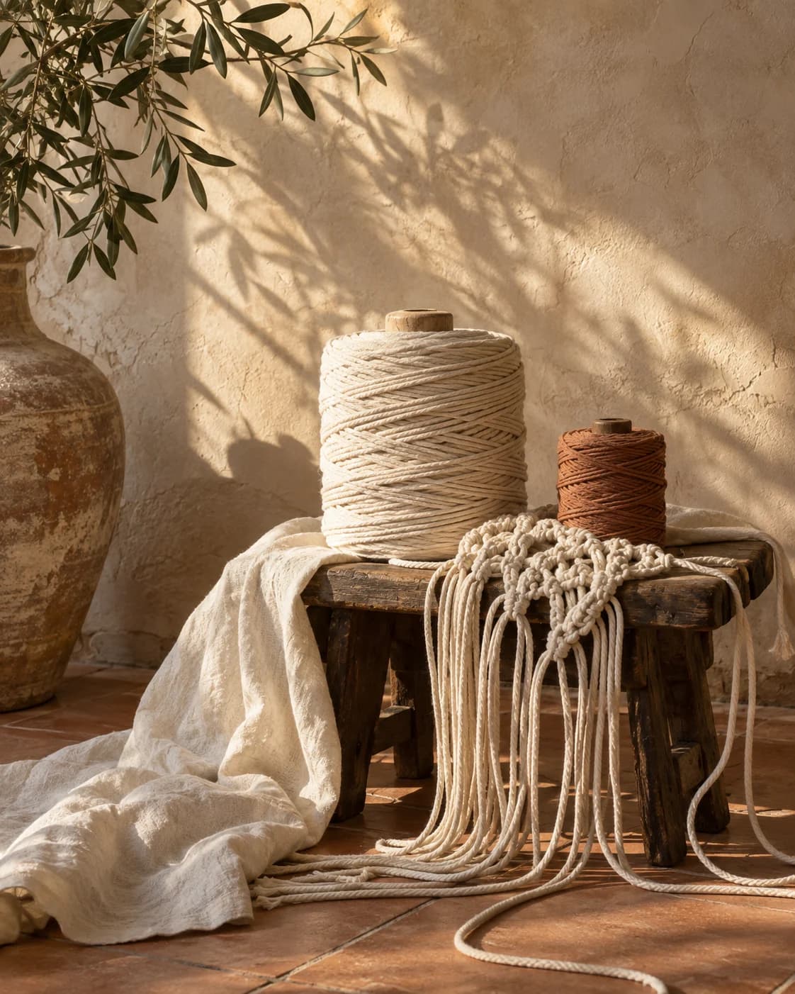 Cotton cord, soft linen and macrame textures in warm afternoon light